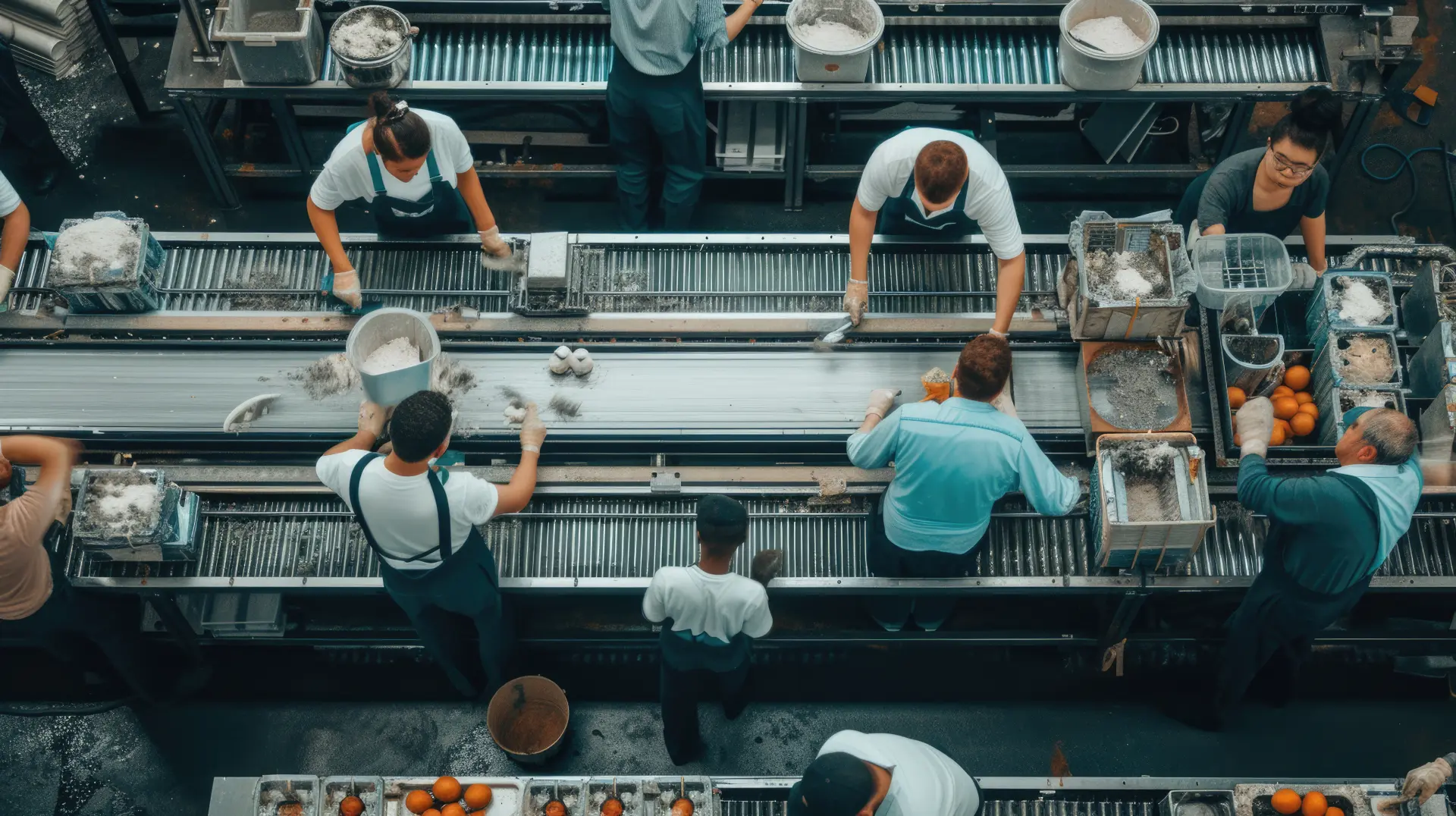 a group of people working on a conveyor belt